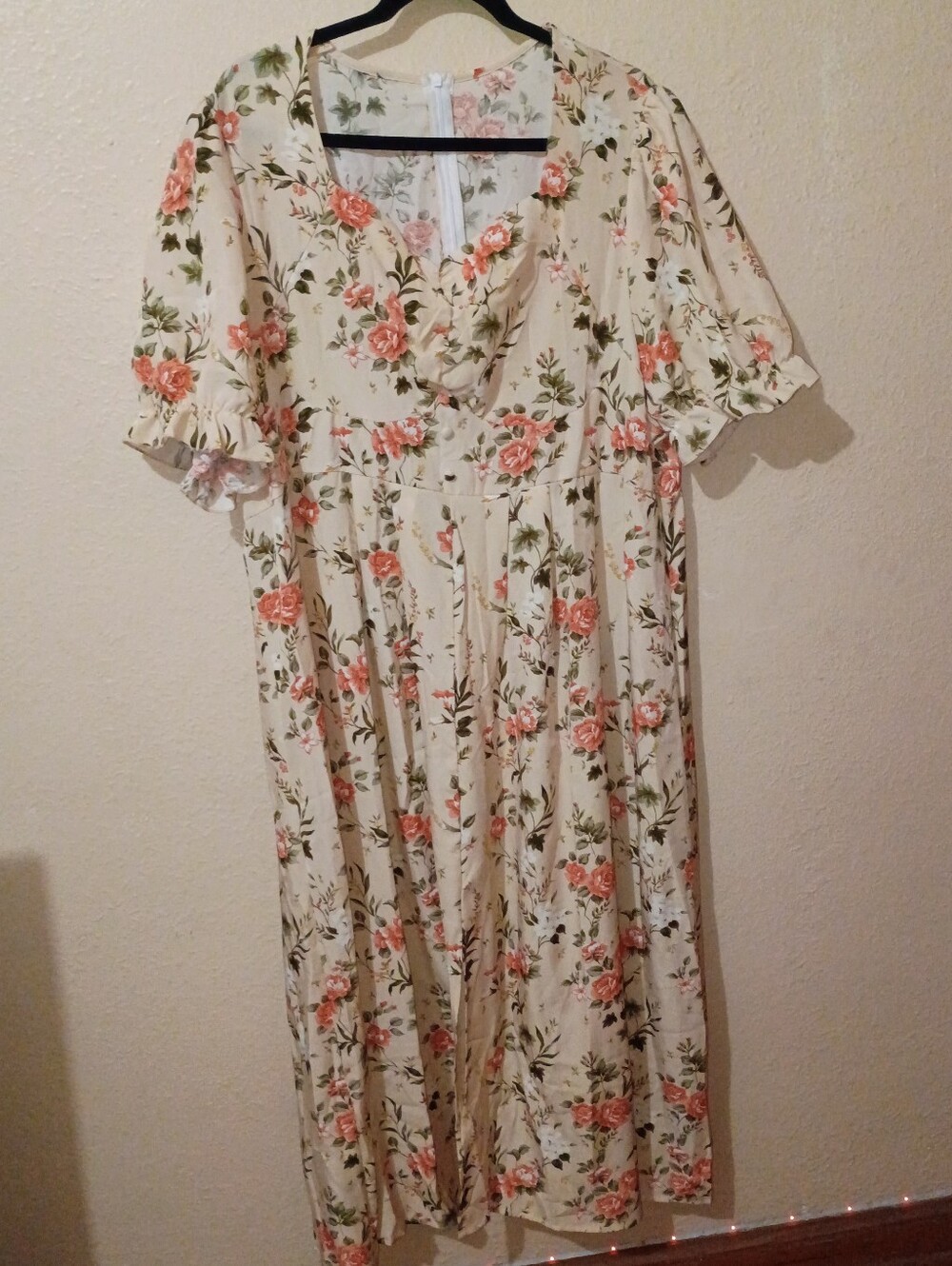 Size 5X Floral Ivory Maxi Dress with Pink Rose Print